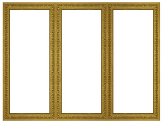 Triple golden frame (triptych) for paintings, mirrors or photos isolated on white background....