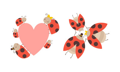 Ladybug Parents and their Lovely Little Kids Set, Happy Insect Families Cartoon Vector Illustration