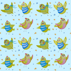 Seamless pattern with cute chickens. Funny yellow birds in striped T-shirts, run, flap their wings and fly on a blue background with stars. Watercolor illustration. Childrens collection for design