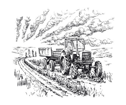 Wheeled Tractor With Trailer In The Field