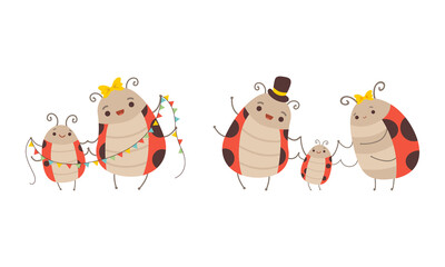 Cute Ladybug Families Set, Insect Parents and their Kids Cartoon Vector Illustration