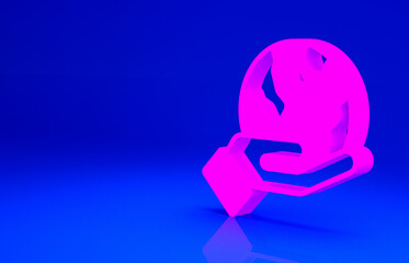 Pink Human hand holding Earth globe icon isolated on blue background. Save earth concept. Minimalism concept. 3d illustration 3D render