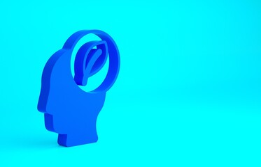Blue Human head with leaf inside icon isolated on blue background. Minimalism concept. 3d illustration 3D render