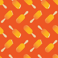 Cute orange creamsicles, popsicles, ice cream on stick, whole and with bite marks vector seamless pattern background for summer design.
- 443711125