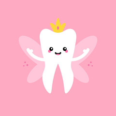 Cute cartoon style tooth fairy, tooth queen with golden crown and wings vector illustration, icon for National Tooth Fairy Day design.
