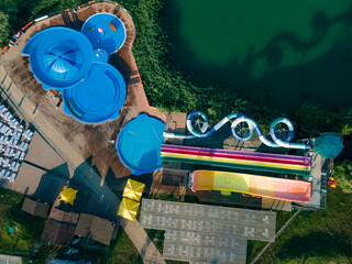 swiming pool and Splash Fun water Aqua park. Aerial view