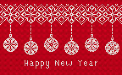 Fototapeta na wymiar Knit border with balls and text Happy New Year. Red seamless pattern. Knitted texture. Christmas ugly background. Holiday festive ornament. Fair isle traditional print. Vector illustration.