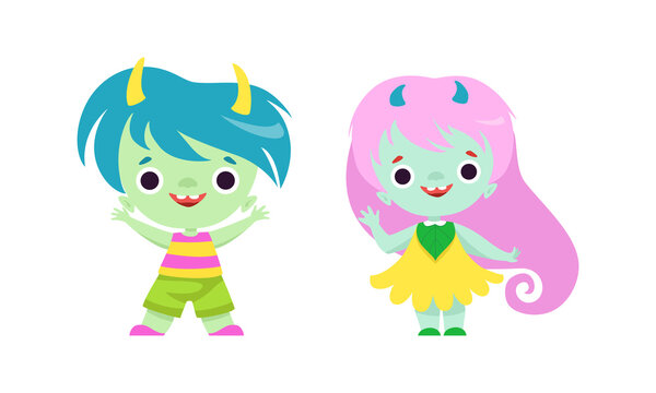 Tiny Troll Characters with Different Hair Color Set, Funny Boy and Girl Fantasy Creatures Cartoon Vector Illustration