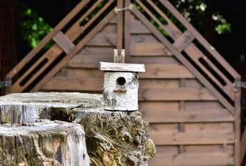 A birdhouse made of a birch stump against the background of a wooden house. Day.
