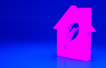 Naklejka premium Pink Eco friendly house icon isolated on blue background. Eco house with leaf. Minimalism concept. 3d illustration 3D render