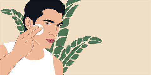 Man cleaning face skin with batting cotton pad. Beautiful young guy using cotton pad after shave. Men's skin care routine concept. Vector illustration. © Ali