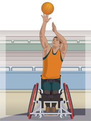 Fototapeta premium para sports paralympic basketball, physical disabled male athlete sitting in wheelchair throwing ball, with stadium seating in background