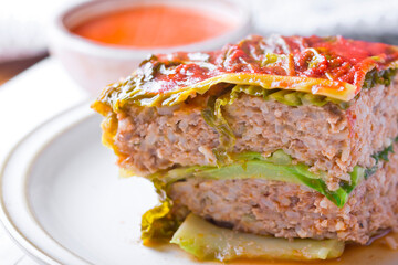 minced meat casserole layered with cabbage