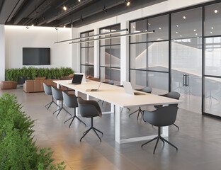3d render of concrete contemporary office space with grey chairs, desks and many plants	
