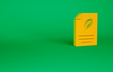 Orange Eco paper with leaf icon isolated on green background. Suitable for business, education and nature. Minimalism concept. 3d illustration 3D render