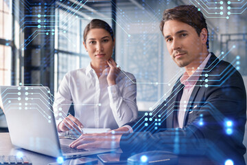 Businessman and businesswoman in formal wear working together to optimize business process by...