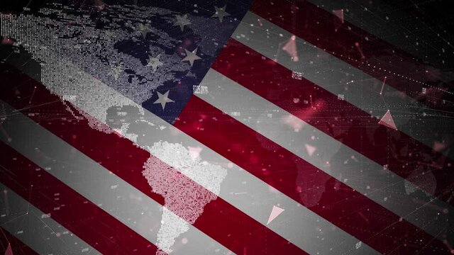 World map with USA flag on a digital cyberspace network background.