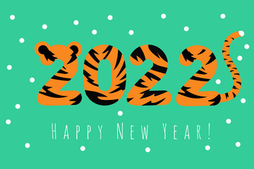 Happy New Year. 2022. Chinese symbol of the New Year 2022. Creative card design with tiger hair texture and tail. Vector illustration for congratulations. New year banner