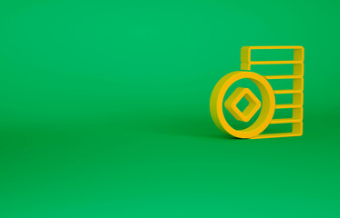 Orange Chinese Yuan currency symbol icon isolated on green background. Coin money. Banking currency sign. Cash symbol. Minimalism concept. 3d illustration 3D render