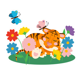 A cute tiger cub is sleeping surrounded by flowers, a butterfly is sitting on the ear. The concept of the first months of life. 2022 is the year of the tiger.
Cute kids character for poster, postcard