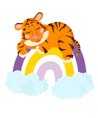 A cute tiger cub sleeps on a rainbow. The concept of baby products in the first months of life. 2022 is the year of the tiger.
Cute kids character for poster, postcard, pajamas