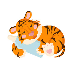 A cute tiger cub sleeps with a bottle of milk. concept about baby products in the first months of life. 2022 is the year of the tiger.
Cute kids character for poster, postcard, pajamas