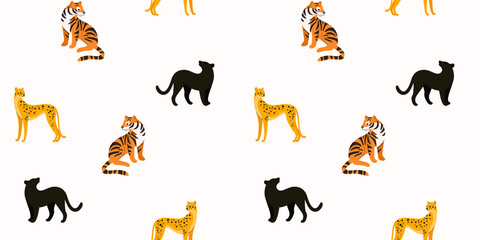 Seamless trendy animal pattern with wild cat. Flat design print in cartoon style with panther, tiger, cheetah.