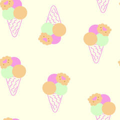 Seamless pattern of ice creams decorated with cookies in summer pastel color. Design for T-shirt, textile and prints. Hand drawn vector illustration for decor and design.