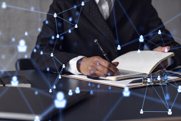 Woman HR specialist is taking notes concerning new candidates to create international network in recruitment process. Concept of success. Social media hologram icons. Formal wear