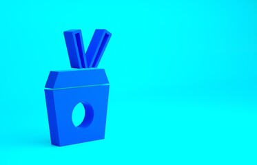 Blue Asian noodles in paper box and chopsticks icon isolated on blue background. Street fast food. Korean, Japanese, Chinese food. Minimalism concept. 3d illustration 3D render