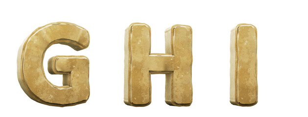 Sand alphabet. Letters G, H, I. 3D render. Path save.