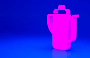 Pink Traditional Chinese tea ceremony icon isolated on blue background. Teapot with cup. Minimalism concept. 3d illustration 3D render
