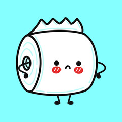 Cute sad toilet paper character. Vector hand drawn cartoon kawaii character illustration icon. Isolated on blue background. Toilet paper character concept