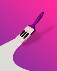 Paintbrush with piano keys which painted a bright trace on vibrant, bold, pink, purple, gradient background with copy space. Aesthetic, abstract, surrealist, minimal, music creative idea.
