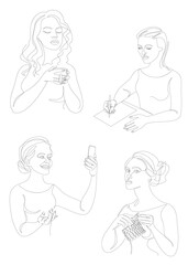Collection. The life of a woman. Silhouettes of a lady with a cup, a pen, a knitting, a telephone in a modern one line style. Solid line, outline for posters, stickers, logo. Set of vector illustratio