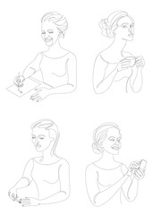 Collection. The life of a woman. Silhouettes of a lady with a cup, a pen, a knitting, a telephone in a modern one line style. Solid line, outline for posters, stickers, logo. Set of vector illustratio