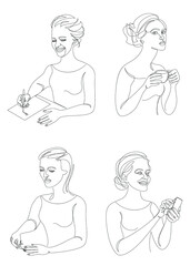 Collection. The life of a woman. Silhouettes of a lady with a cup, a pen, a knitting, a telephone in a modern one line style. Solid line, outline for posters, stickers, logo. Set of vector illustratio