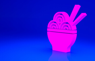 Pink Asian noodles in bowl and chopsticks icon isolated on blue background. Street fast food. Korean, Japanese, Chinese food. Minimalism concept. 3d illustration 3D render