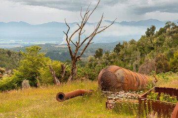 Old mining factory in the ghost town of Waiuta, New Zealand