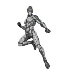 super hero in a exosuit is floating