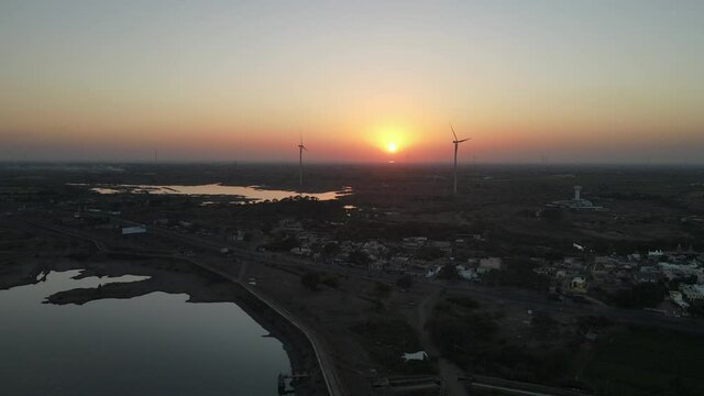 dam water aerial view taken from 300 meters above the surface. Amazing Aerial sunset view of Dam. 4k resolution.