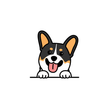 Cute tricolor welsh corgi dog smiling cartoon, vector illustration