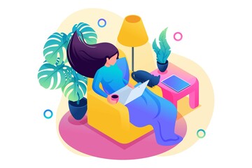 Obraz premium Isometric 3D. Girl Working From Home, Freelance. Concept For Web Design