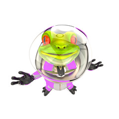 Obraz premium frog astronaut is looking up with arms wide open in white background top view