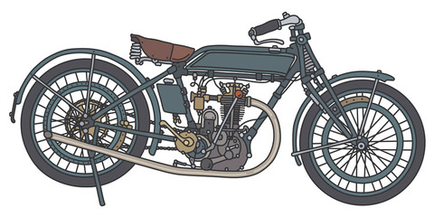 The hand drawing of a vintage dark green motorcycle - 443723577