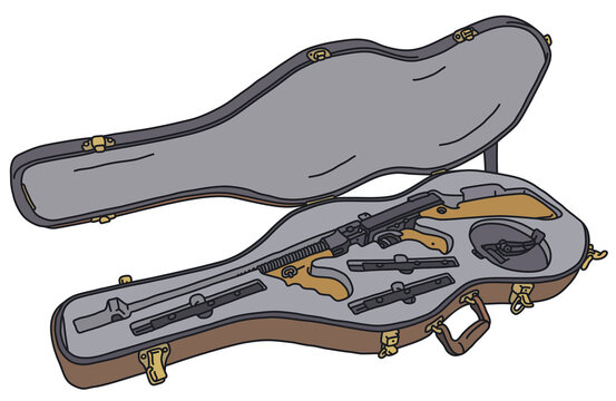 The vectorized hand drawing of a tommy hidden in a false guitar case