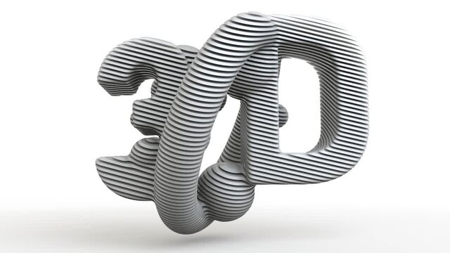 3d loop animation of the chaotic movement of fused white geometric bodies and 3D text. The symbol of 3D graphics, an abstract idea of 3D printing and drawing computer technologies.