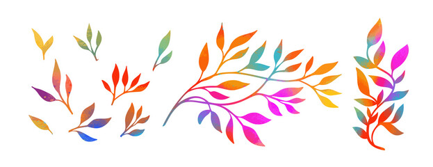 Fototapeta premium The object is a graceful multicolored twig with leaves. Set of rainbow beautiful twigs. Mixed media. Vector illustration