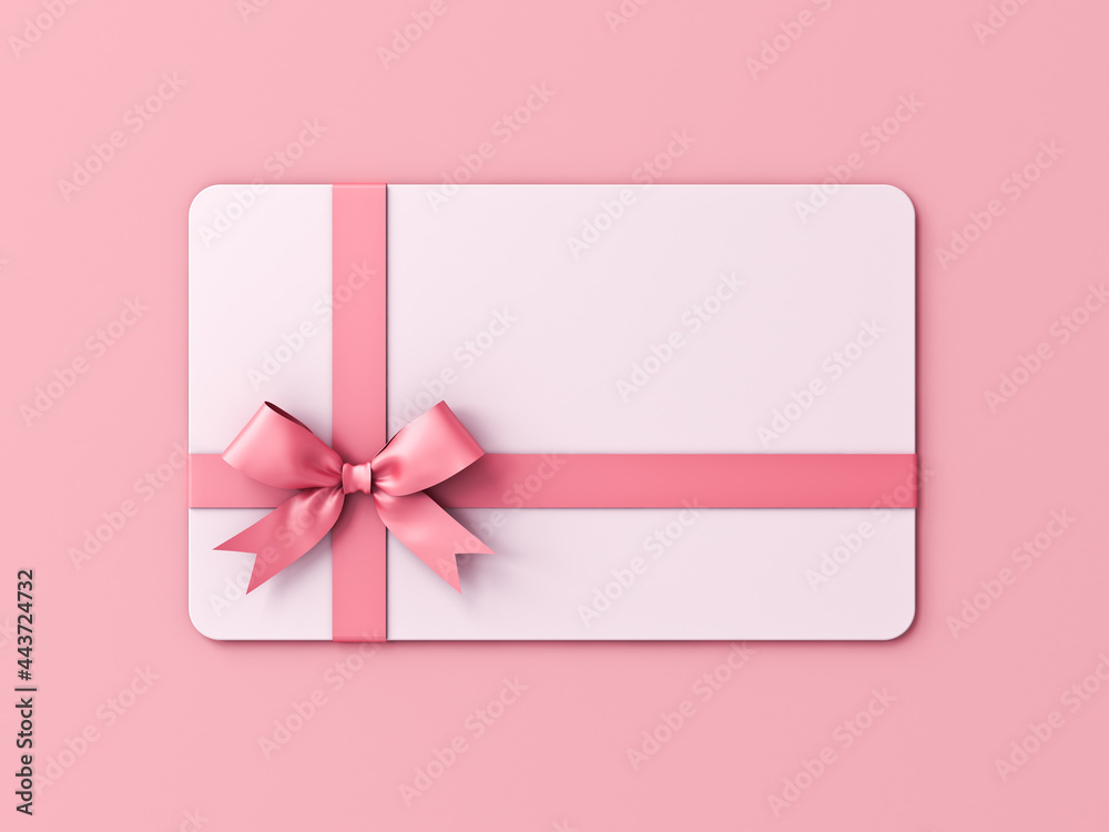 Poster blank white gift card with pink ribbon bow isolated on pink pastel color background with shadow mini