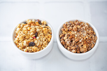 Chocolate and oats granola with chocolate drops, nuts and dried fruits